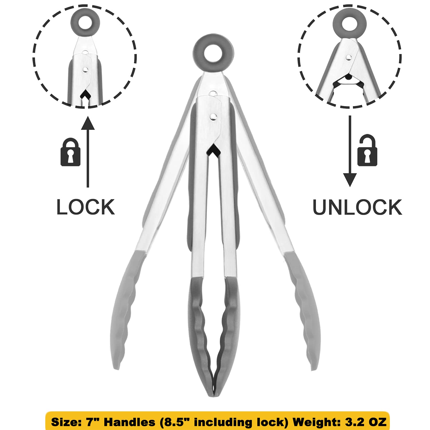 Hinmay Small Serving Tongs With Silicone Tips 7 Inch Mini Stainless Steel Food Tongs, Set Of 3 (Gray)